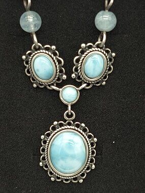 Vintage 925 Sterling Silver Teardrop 4 Larimar Gemstone Necklace